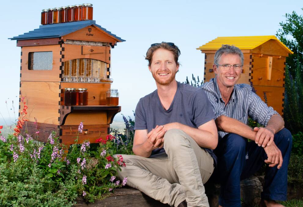 THINKING: Son and father co-inventors of the Flow Hive, Cedar and Stuart Anderson. The company is pushing its Billions of Blossoms project in order to establish more habitat for crucial insects. 