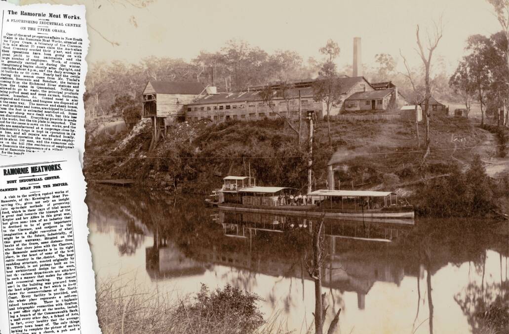 Pictured in around 1900, the Ramornie export meatworks on the Orara River was in its heyday the biggest meat processing plant in NSW, and probably Australia. (State Library of NSW photograph)
