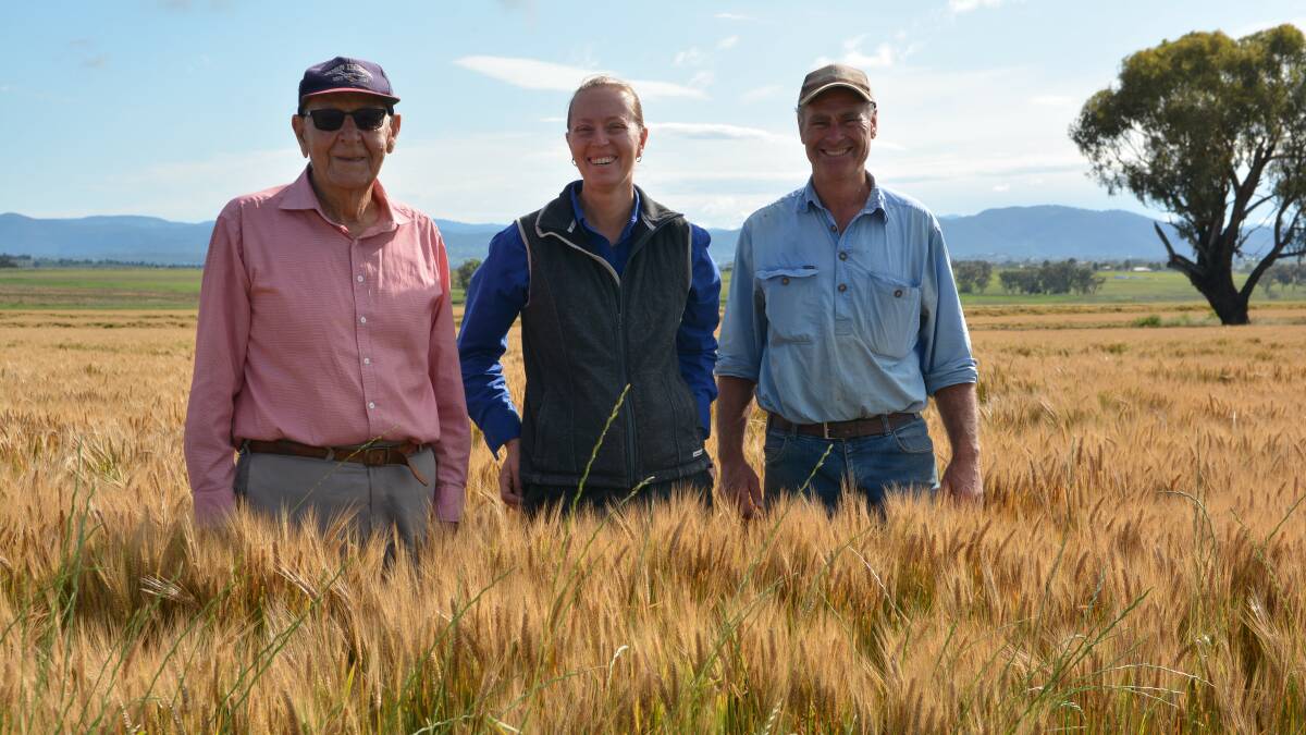 Jim Hombsch, Hyland, Bithramere, NSW DPI Loretta Serafin and Gavin Hombsch, Hyland in the winning paddock of Maximus barley.