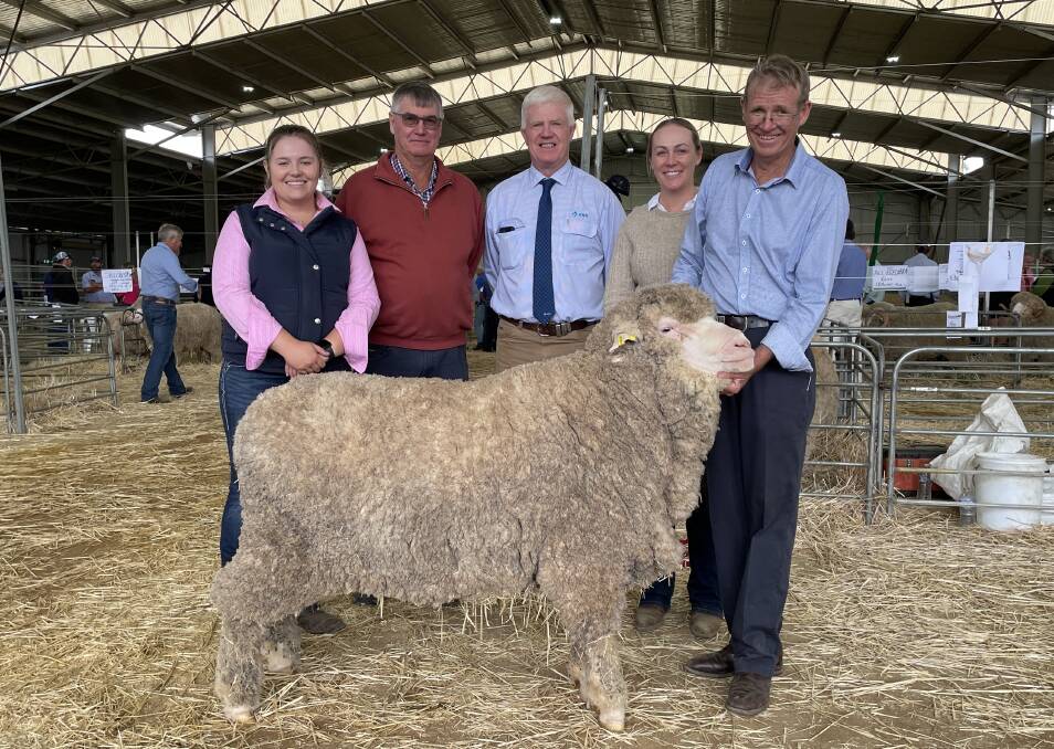 With the $15,000 ram are Emma and Clive Pearson, Glenbrook stud, Armidale, AWN's Northern NSW specialist, John Croake, Tamworth with Bec and Malcolm Cox, Bocoble stud, Eumungerie. Pictures by Simon Chamberlain 