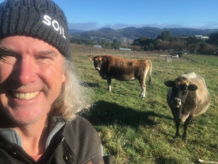 Matthew Evans, Fat Pig Farm, Cygnet, Tasmania, and his two milkers produce 10 litres of milk daily. Selfie by Matthew Evans
