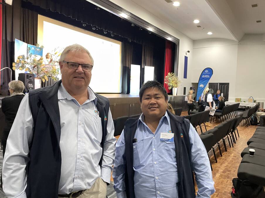 Steve Strutt, Algae Pharm, Goondiwindi, Queensland and Eliezer Rien, the technical manager at Algae Pharm, at the MDBA River Reflections conference. Picture by Simon Chamberlain