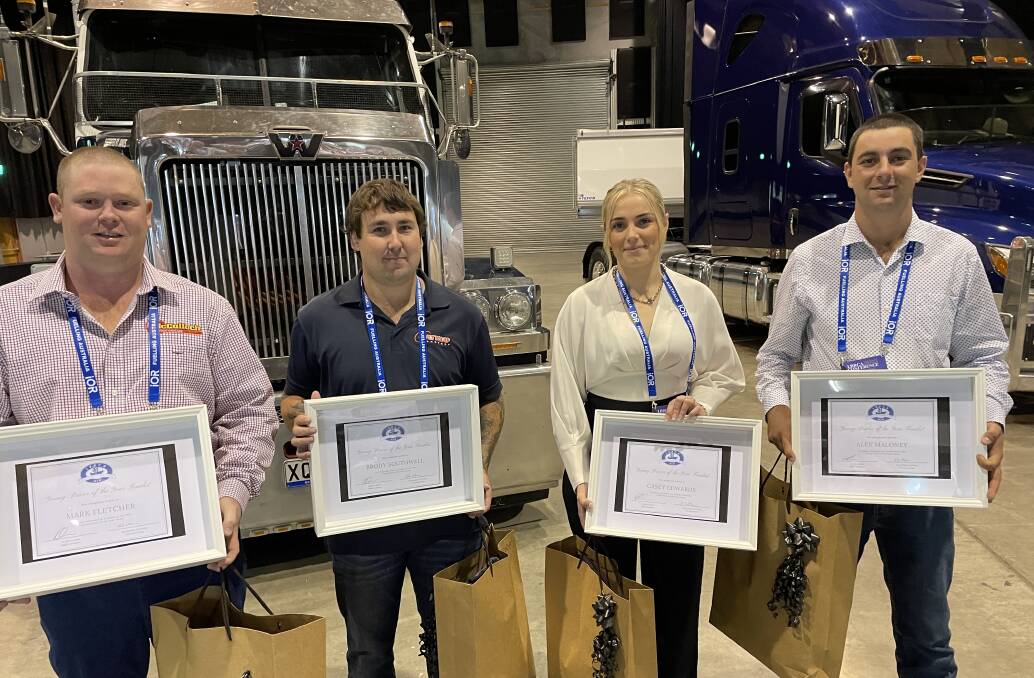 Young driver of the year nominees included Mark Fletcher, McCulloch Bulk Haulage, Tamworth, Brody Southwell, Multiquip, Tamworth, Casey Edwards, Robertson's Yass and Alex Maloney, Maloney Livestock Transport, Tamworth. Pictures by Simon Chamberlain