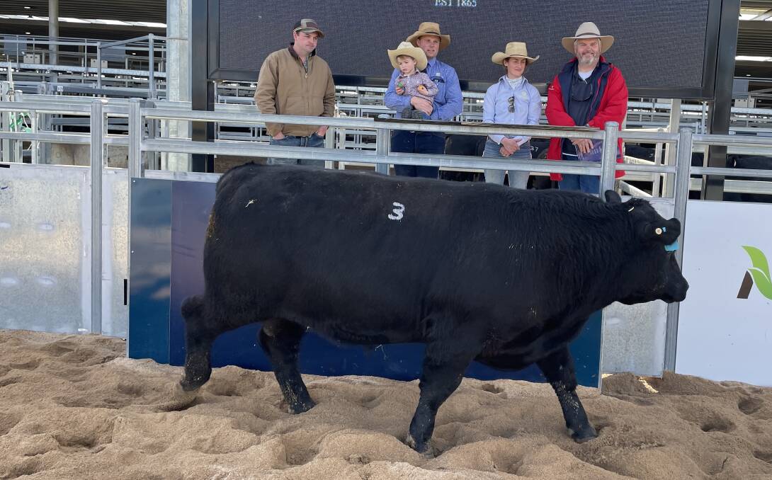 Ben Gallagher, The PInnacle, Walcha, Ed Bradley and Bea Litchfield with Stirling Litchfield and Gary Smith, St Clair Pastoral Company, The Pinnacle, Walcha with the top priced bull at $18,000. Picture by Simon Chamberlain