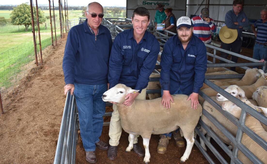 Buyer Peter Simpson, Wagga Wagga, stud breeder Tim Lubke and brother Wayne Lubke with the top-priced ram.