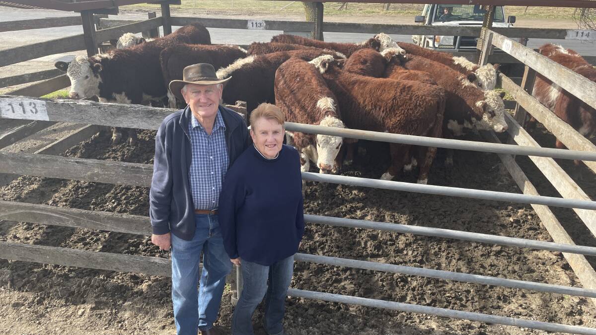 Ken and Lyn Gumm, Harolds Cross, sold 12 Hereford heifers for $750 a head at Braidwood on Thursday. Picture by Alexandra Bernard.