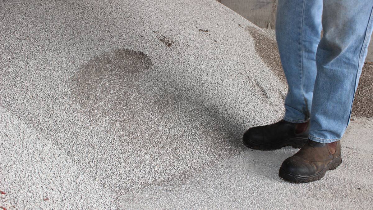 A man standing next to a pile of urea.