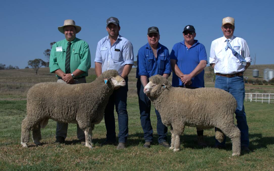 The top price Dohne and Poll Merinos with Brad Wilson, Nutrien, Andrew and Peter Hughes, Gullendah, Nigel Roberts, Rossbridge, Vic, and auctioneer Paul Dooley.