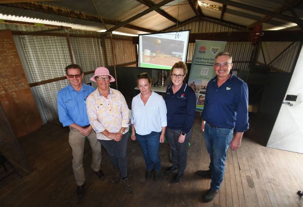 Mark McLean, Laurie Chaffey, Kate Eldridge, Jodie Toole and Charles Laverty attend a safe shearing workshop. Picture by Gareth Gardner.