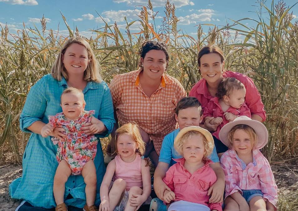 From back left: Rebecca Longworth, Ally Orchin and Taylor Beale holding Ellie Beale, 18 months. Front: Ivy Paulsen, one, Juliet Paulsen, two, Henry Orchin, six, holding Maggie Orchin, two, and Sky Orchin, four. Picture supplied.