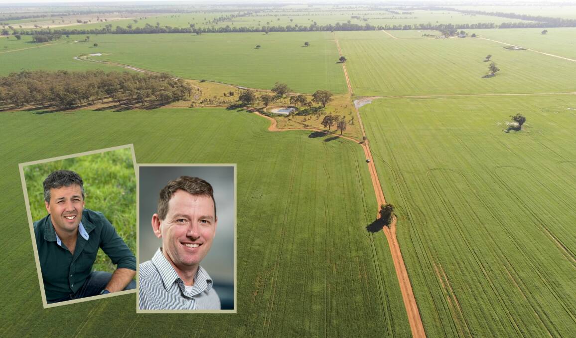 (Inset) University of New England associate professor Richard Flavel and University of New England associate professor in soil fertility Chris Guppy pictured. (Main image) A drone shot of one of the sites.