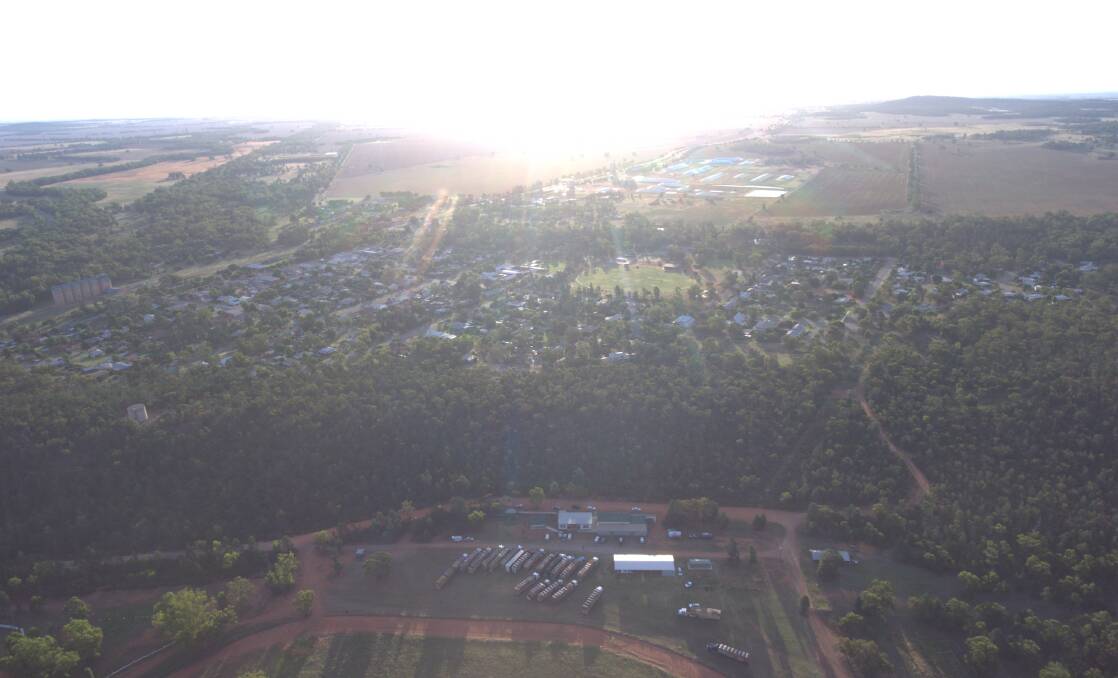 A view over Ardlethan township with the hay trucks parked at the show grounds. Photo by Zac Griffin. 