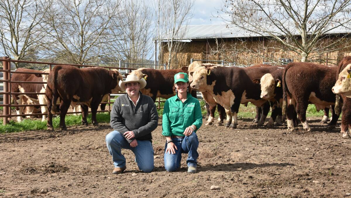 Ray White GTSM agent James Brown and Yavenvale Herefords stud principal Nicki Pearce. Photo by Helen De Costa. 