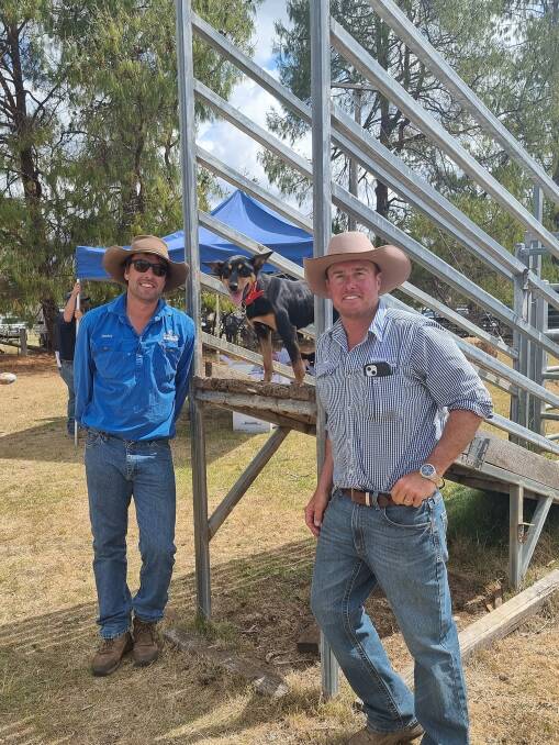 Jeremy Grills, Eaglehawk Kelpies, Glen Innes, with the top-priced dog Peterson Flo, and Shad Bailey, Colin Say and Co, Glen Innes. Picture supplied. 