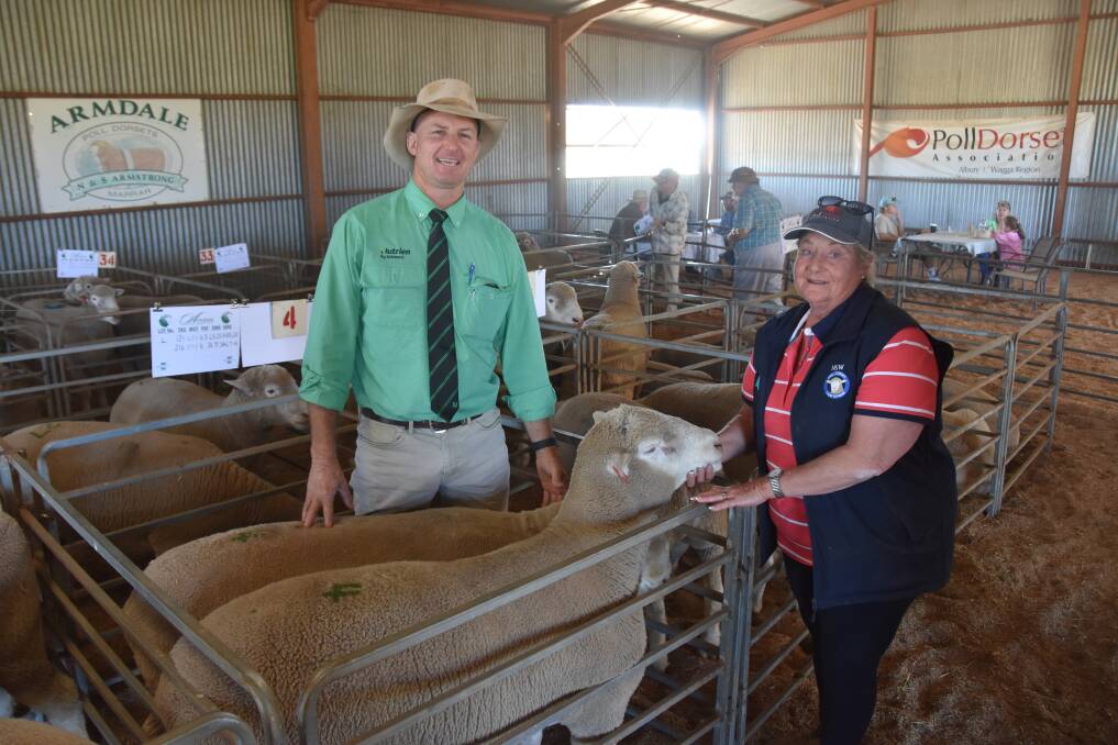 Nutrien agent James Croker and Armdale Poll Dorsets stud princiapl Helen Armstrong with the pair of top priced rams selling for $1600 each to Marrar Agency, Marrar. Photo by Helen De Costa. 