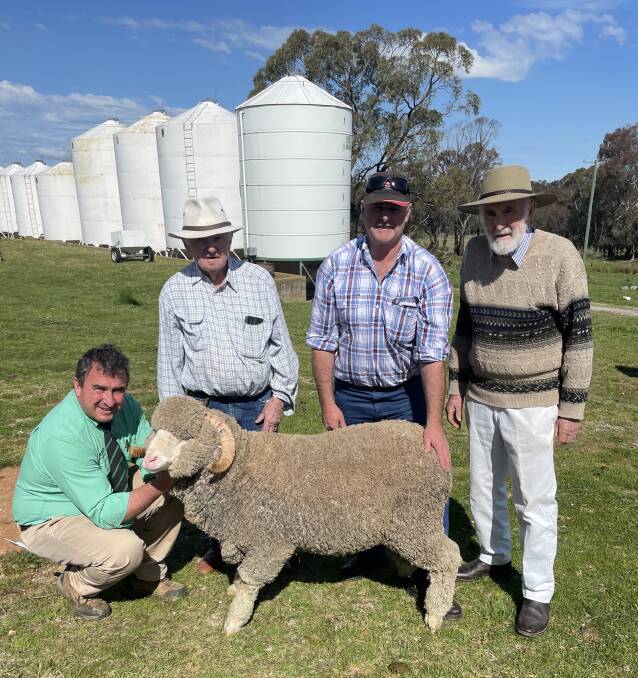 The $5400 top-priced ram with Tim Woodham, Nutrien stud stock, John and Micheal Lowe, Crookwell, and Winston McDonald, Royalla Merinos. Picture supplied