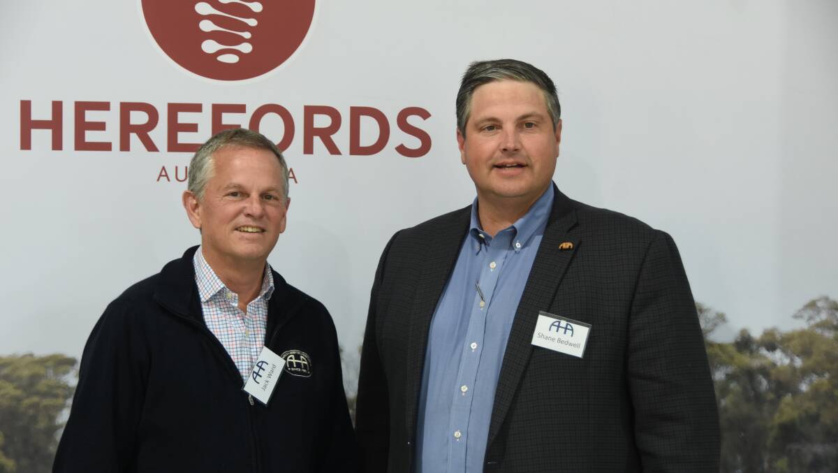 American Herefords Association staff, Jack Ward, executive vice president, with Shane Bedwell, chief operating officer and director of breed improvement. Photo by Helen De Costa. 