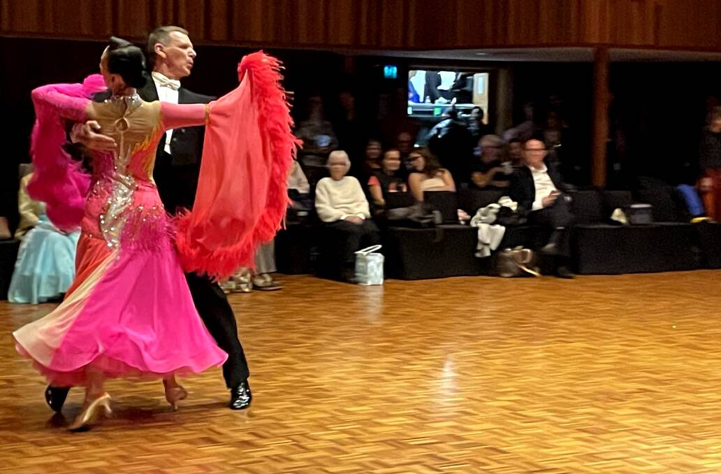 Champion ballroom dancer, grazier and land valuer John Thomas in action with coach Jodie Rollason in May at the 2024 Gold Coast Classic where they won the ProAm Masters. Picture: Alison Paterson