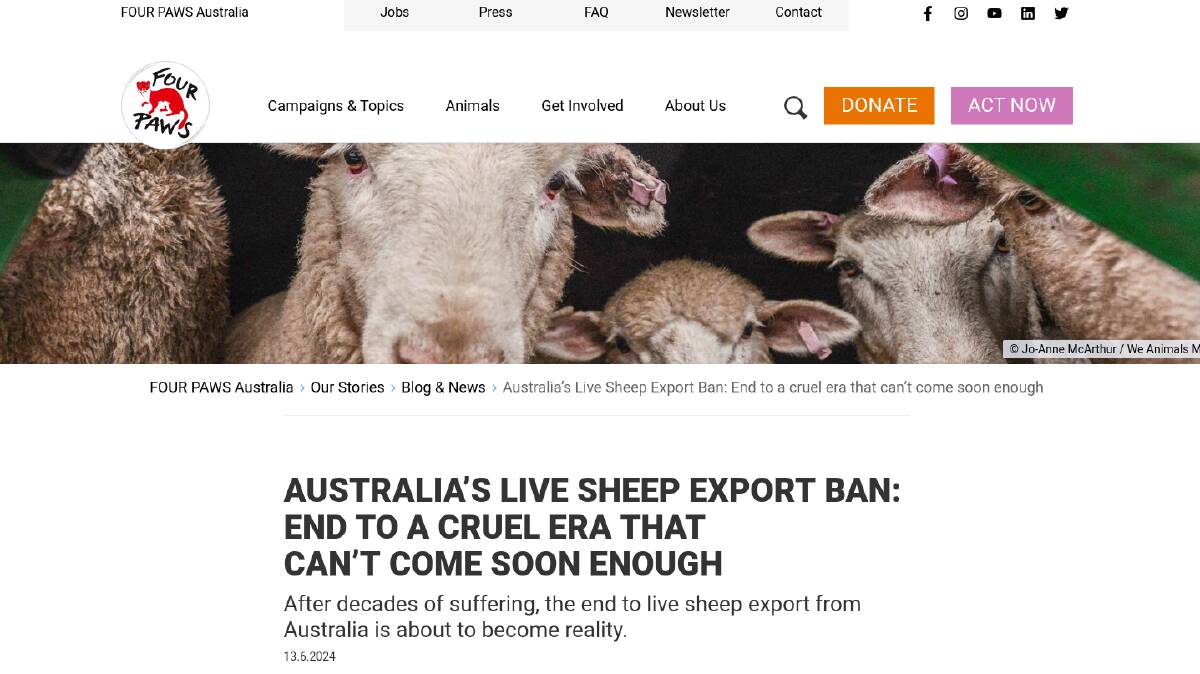 Four Paws recently used another We Animals Media photo from 2013 to illustrate a live export statement.
