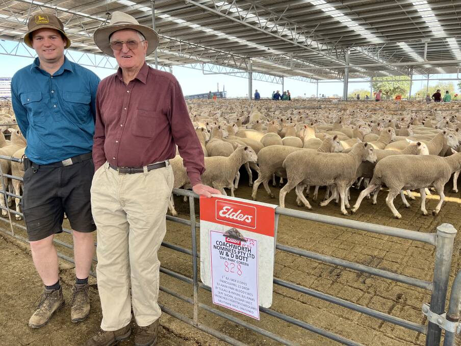 William Bott with Bill Bott, Coachworth Nominees Pty Ltd, Coreen, with the first pen of 828 first-cross ewes topping at $238. Picture supplied by Richard Wynne.