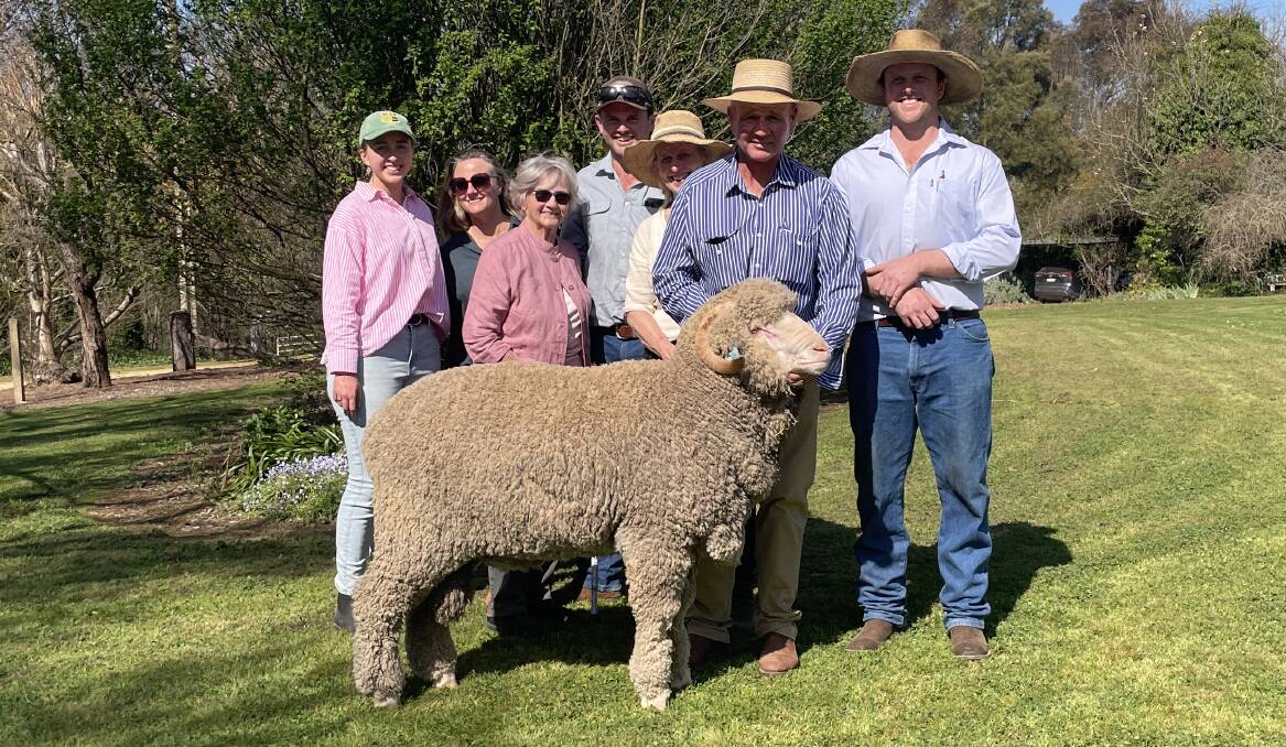 The Evans family, Tara Park, Boorowa, with the top-priced ram. Pictured is Stella, Alyson, Adrienne, Ned, Anna, Guy and George.