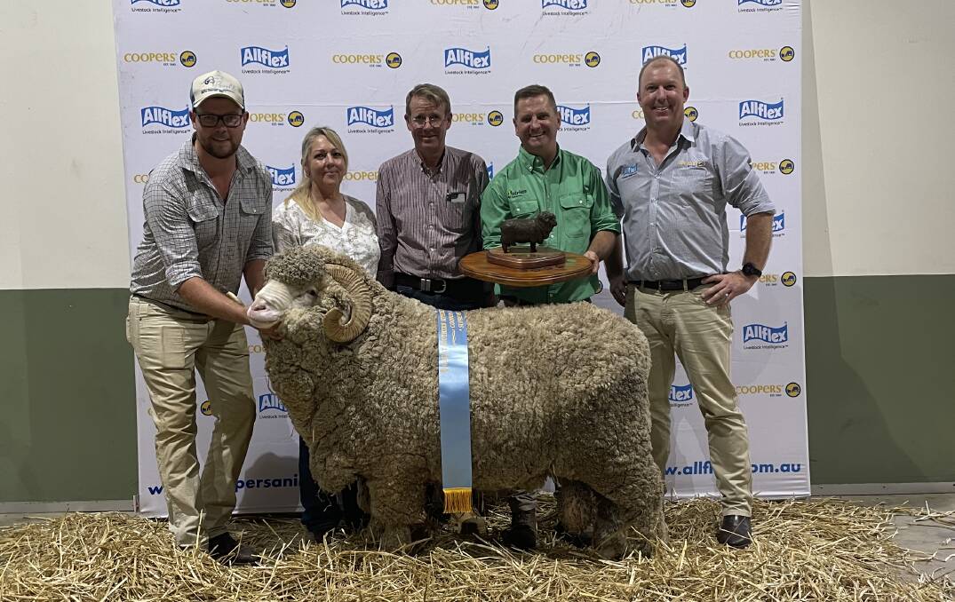 Supreme exhibit - 4th superfine ram shown by Hayden, Karleen and Malcolm Cox, Bocoble, Eumungerie, Rick Power, Nutrien stud stock presenting the Kevin 'Dusty' Coves Memorial Trophy and major sponsor, Scott Hannaford, Coopers Animal Health and Allflex.