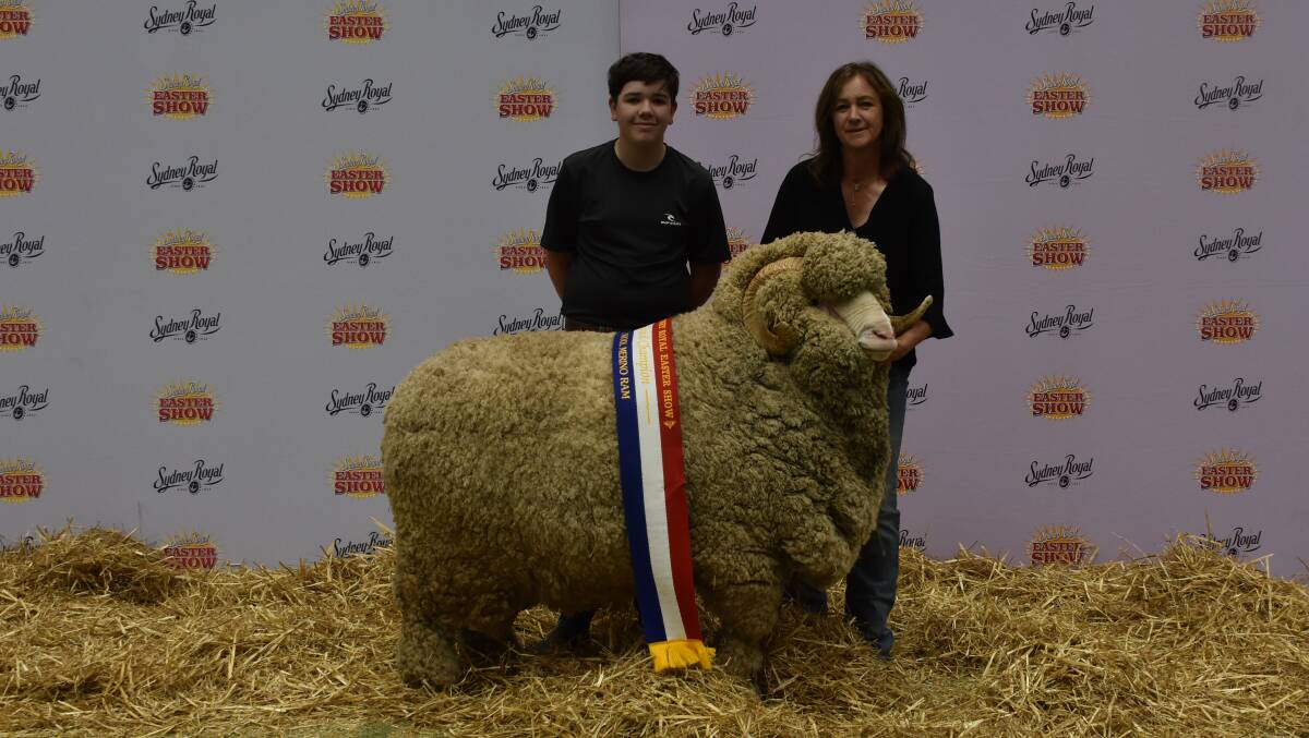 Jamie and Jayne Lette, Conrayn, Berridale, with their grand champion fine wool ram. Photo: Shantelle Lord