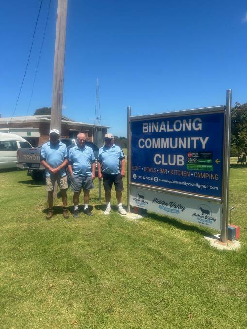 Duncan Burleigh, golf secretary, Paul Glover, club patron and Pat Dwyer, club captain, proudly anticipating the inaugural World Sand Green Championships at Binalong Golf Club. Picture by Pat Dwyer 