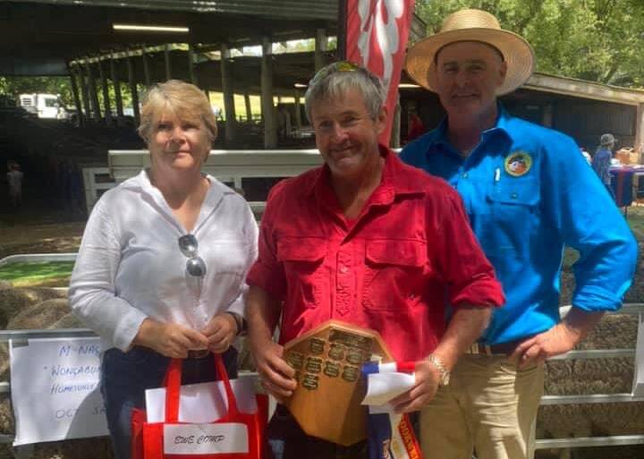 Donna O'Brien, Elders Crookwell, spring shorn section winner Matt Nagle, Wongaburra, Binda, and Michael Lowe AP and H Society president. Picture supplied