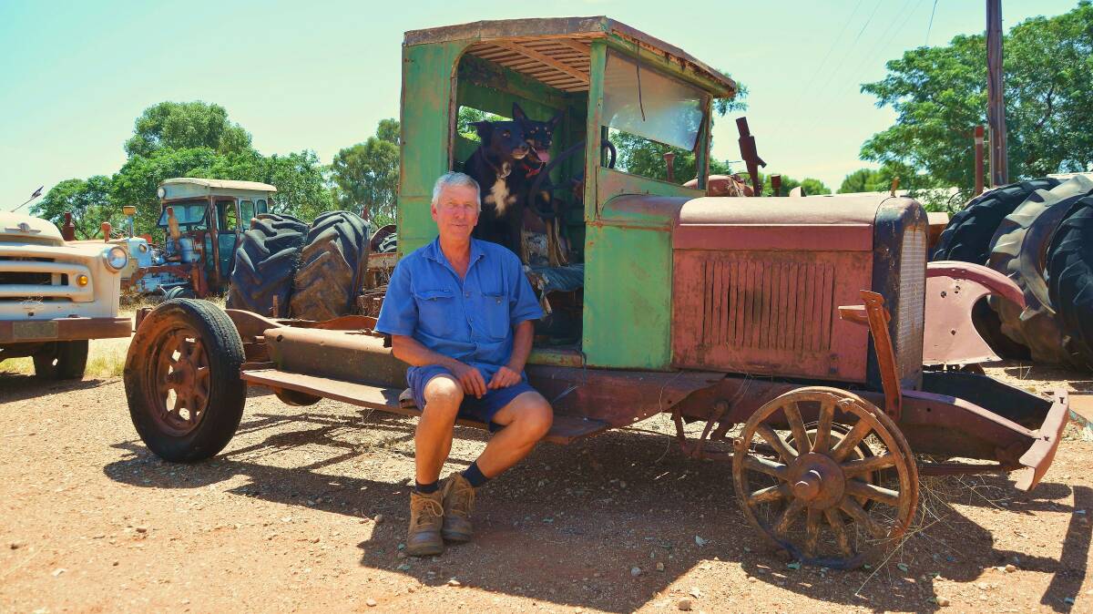 Trundle district farmer "Digger" Anderson, May the kelpie and Bobby the border collie aboard the rare 1928 Chevrolet four truck he is preparing to restore. Picture by David Ellery