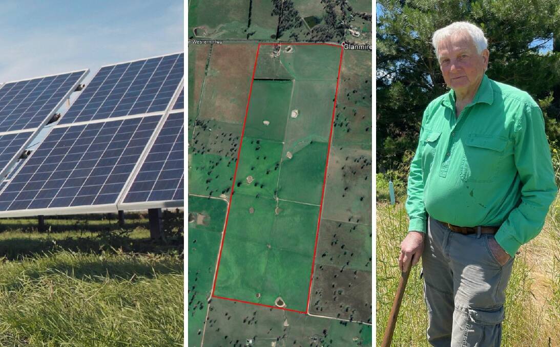 A solar panel (file picture); a site outline of the proposed Glanmire Solar Farm that is provided on the project's website (picture from Google Earth); and Dr Jim Blackwood (file picture).
