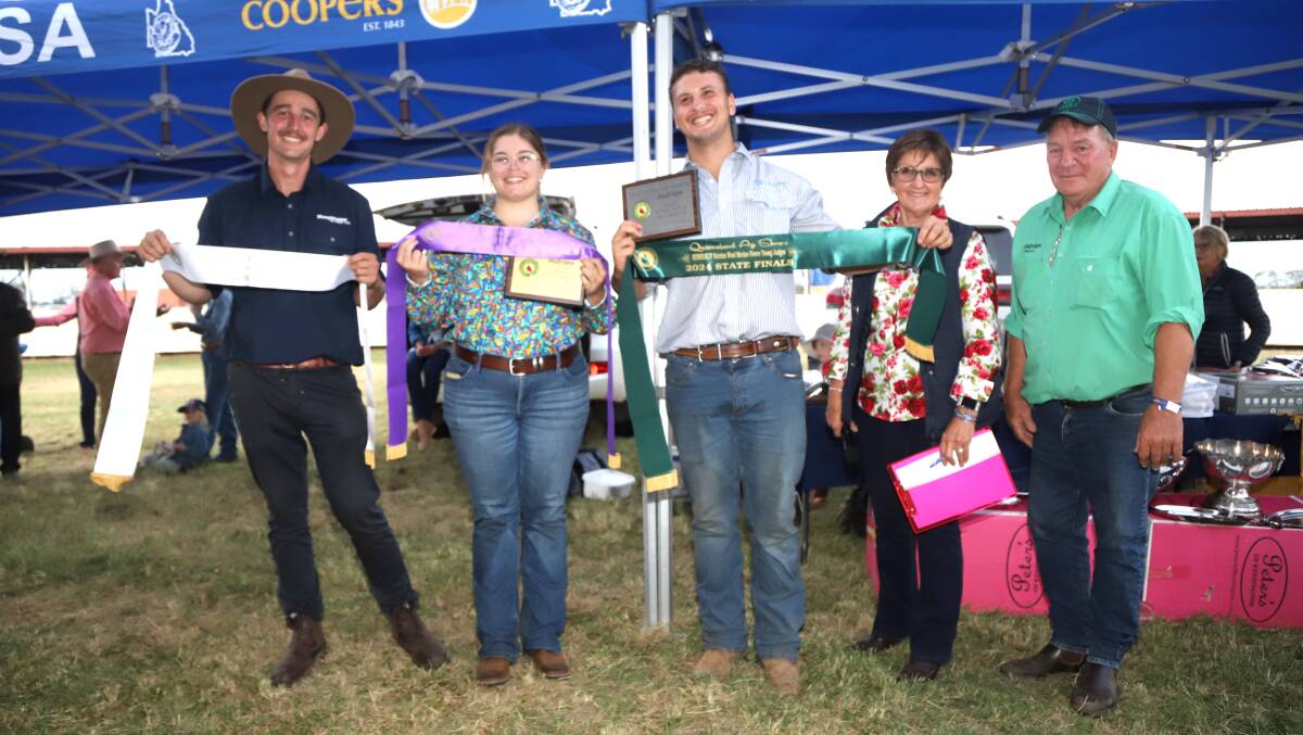 Young Merino fleece judging placegetters Zack Sales, Jaime Colley and Benito Hodgson with QAS director Lindy Neal and Nutrien's Bob Tully. Picture: Sally Gall