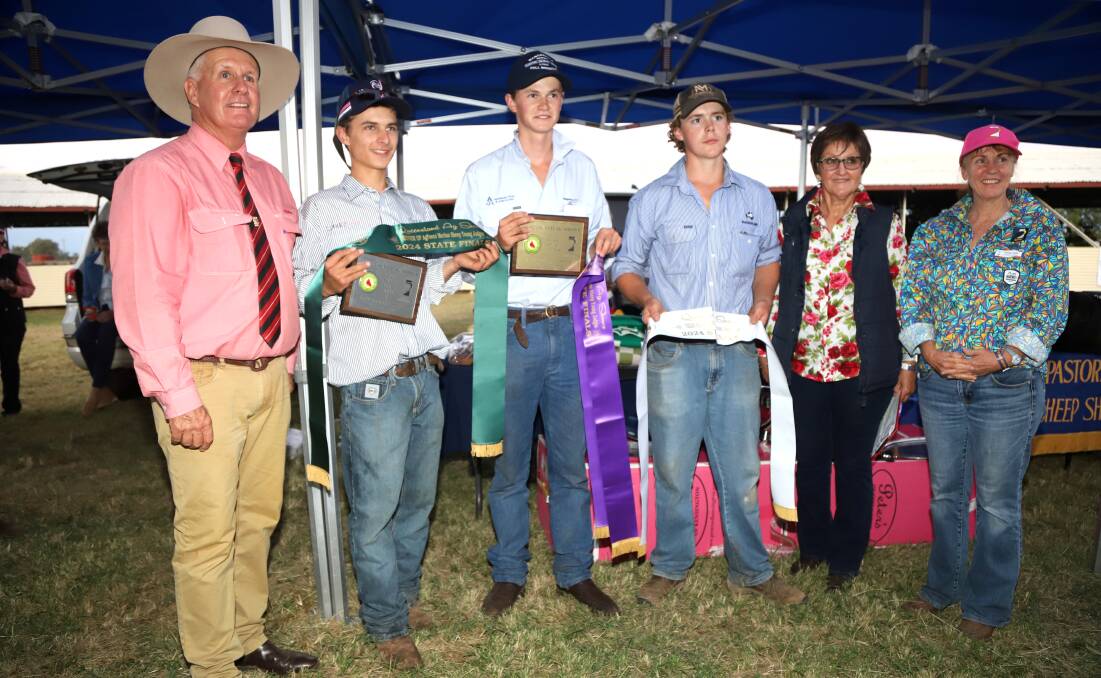 Young Merino sheep overjudge Duncan Ferguson with placegetters Jackson Wood, Angus Knox and Edward Beggs, QAS director Lindy Neal and AgForce south west regional director Kerrie Cribb. Picture: Sally Gall