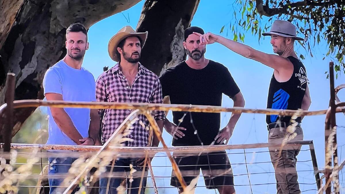 Beau Ryan, Jonathan "JLP" LaPaglia and Blair "Moog" Joscelyne with Maxwell farmer Cam Dooner as they filmed at his property for Top Gear Australia. Picture supplied