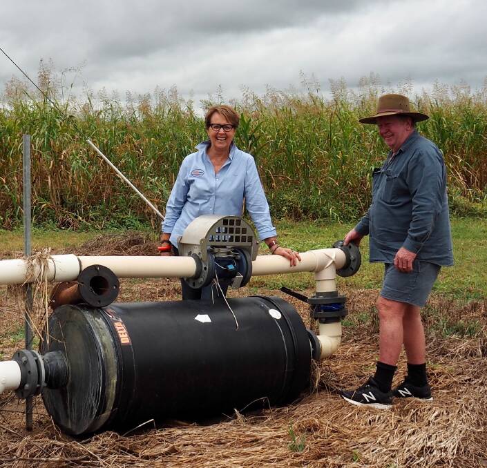 Dianne Panov from Deltawater solutions visits vegetable grower Glen Jurgens from Bowen who has installed a water treatment conditioner to eliminate salinity problems.
