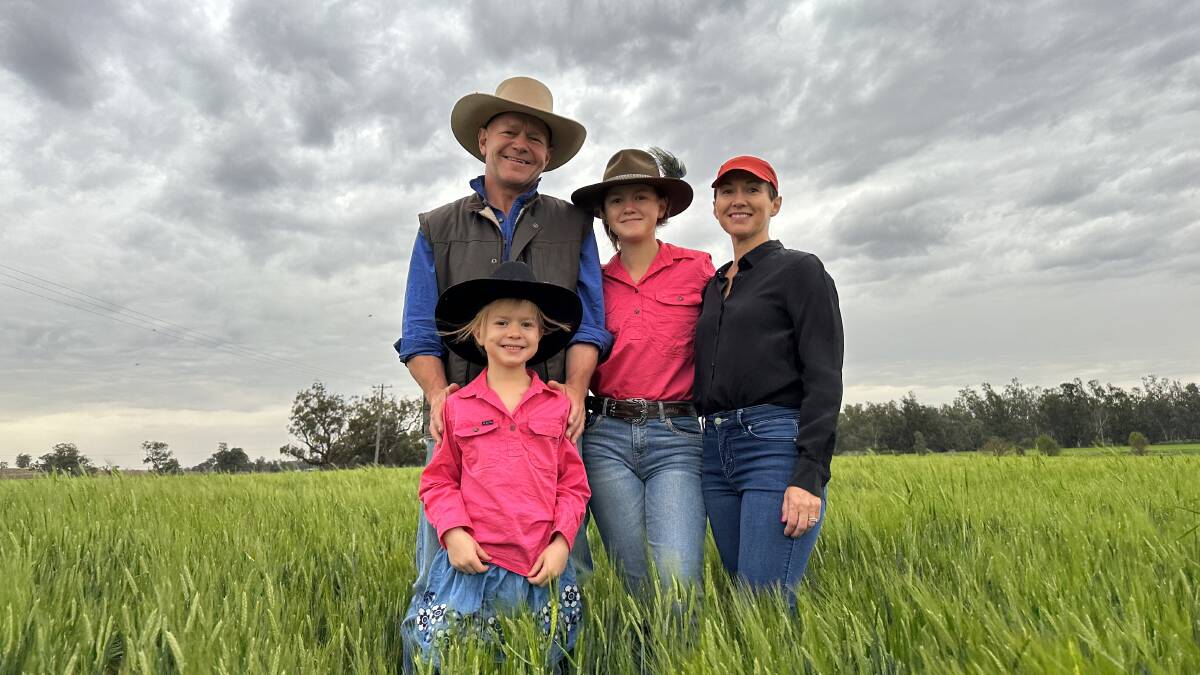 The Schuster family - Peter, Jessica, Eliza and Angela - waiting for rain at Benalong, south of Dubbo on Wednesday morning. Picture by Elka Devney
