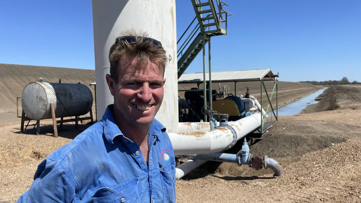 Mick Humphries, Chesney Partnership, in front of a sub-artesian bore on the generational family property Caroale. A full water allocation and capacity to move it will grow sorghum and cotton this summer for an eager market.