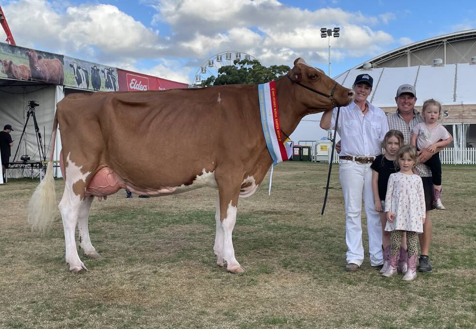 Interbreed champion senior cow Bluechip EV Shesaawesome Apple-ET-Red, exhibited by Jessica and Brad Gavenlock, Cherrylock Cattle Co at Tallygaroopna, Vic with their children Maggie, Britney and Penny.