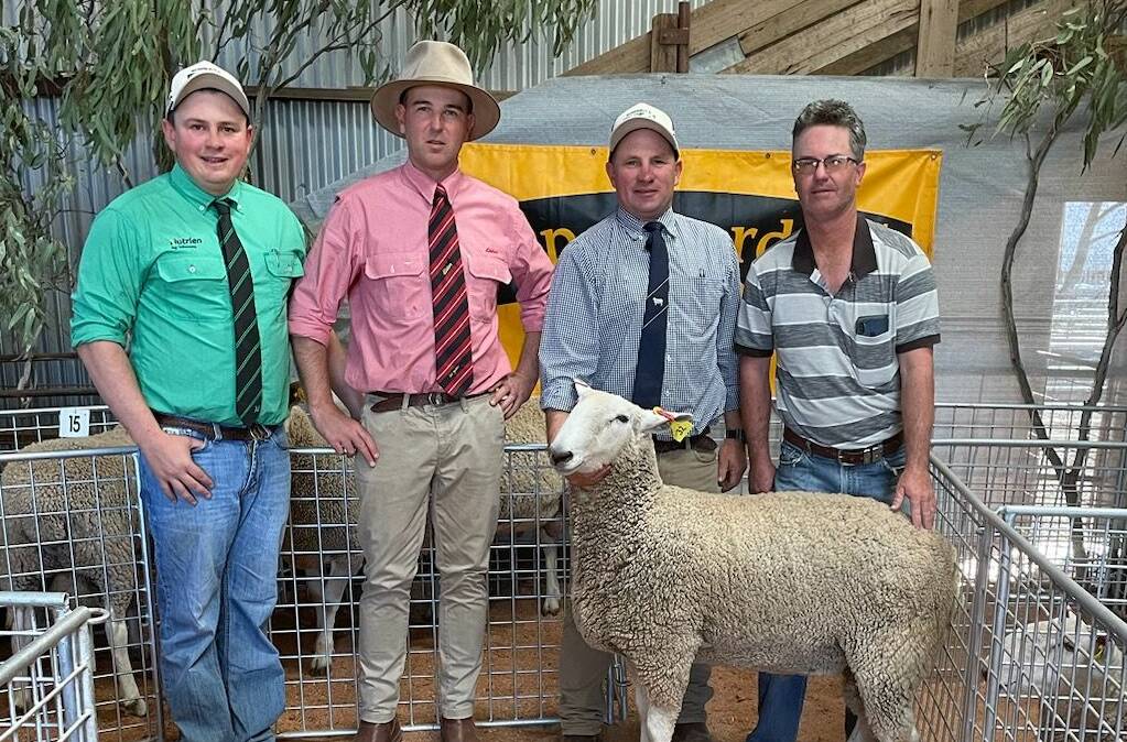 Echuca Auctioneers Lachie Collins, Nutrien and Matt O'Connor, Elders with Womboota stud principal Malcolm Starritt and repeat top ram buyer Dale Wood, Dookie, Vic. Photo is supplied.