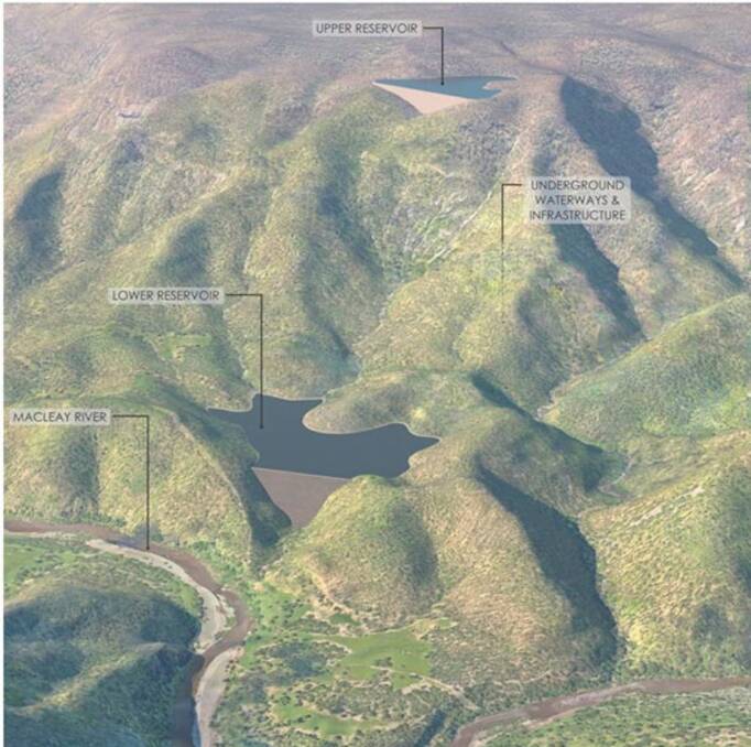 Off-stream reservoirs drive renewable energy storage as seen here with the planned Oven Mountain scheme on the upper Macleay. Image supplied.