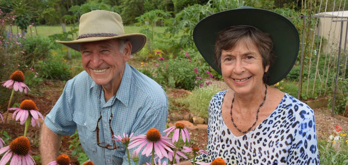 Leyland and Marilla Minter in their echinacea herb garden at Ewingsdale via Byron Bay. The couple have created a seawater-gleaned nutrient supplement that provides more crunch in hydroponically grown lettuce.