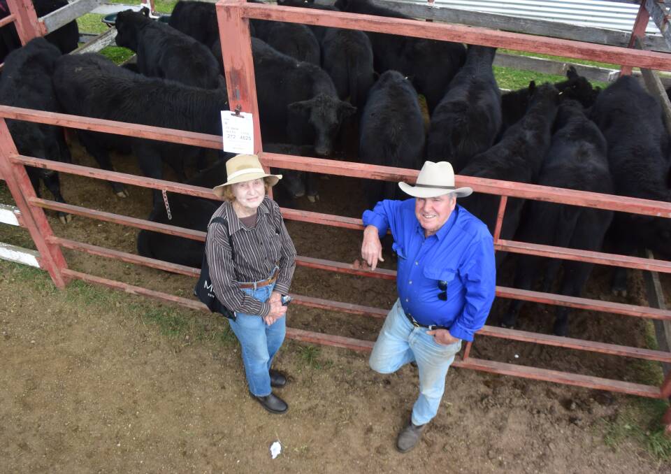 Beth Gourlas and her manager John Rogers, Doriza Pastoral at Wilsons Downfall with a pen of Angus that made $1697.28/hd at Stanthorpe on Thursday.