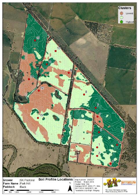 A map used by Precision in Practise to show soil types and sample sites. Soil profiles are taken to assess what is driving variability. Photo supplied. 