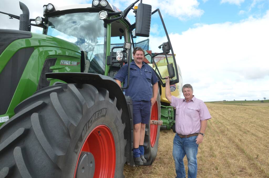 Chris Harris and Peter Barkla of Barkla Ag travelled down from Goondiwindi, QLD for a job near Wagga Wagga. Mr Barkla said border restrictions had meant they had missed most of the NSW hay season. 
