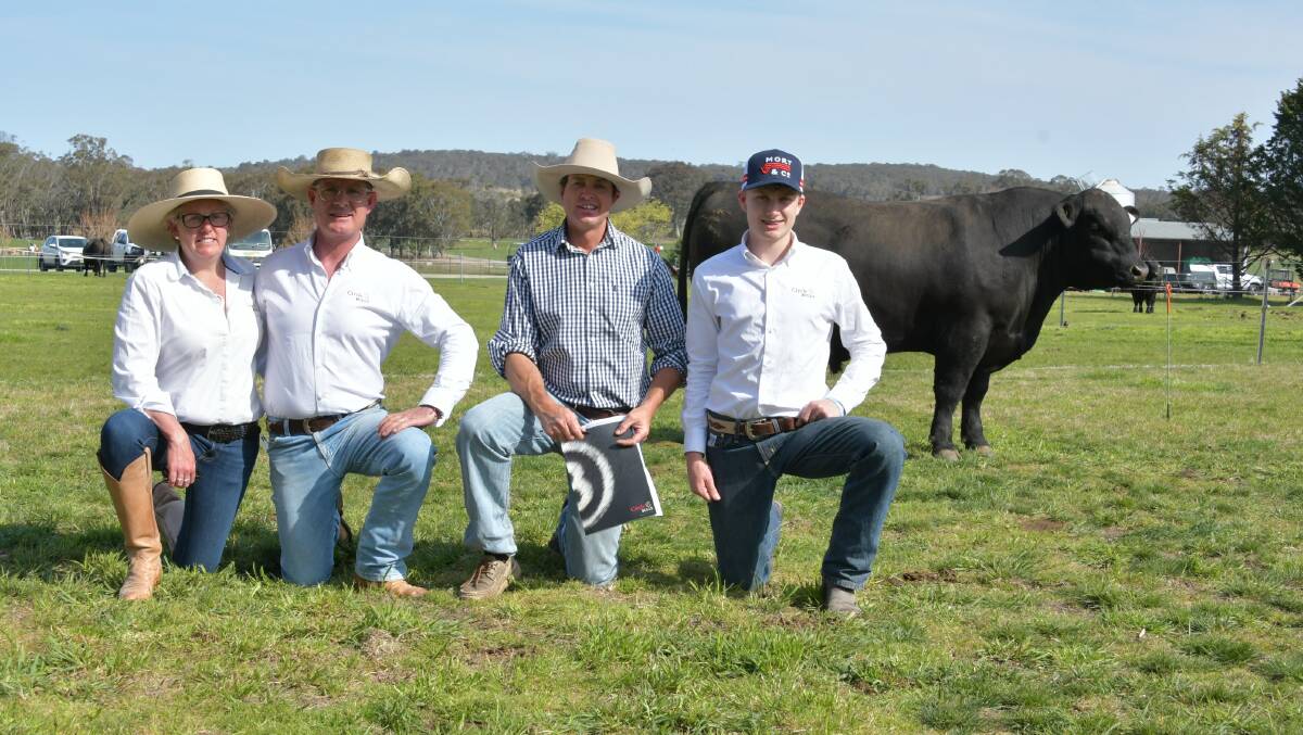 Second top-priced buyer at $22,000, Tim Brazier, Choice Angus, Bingara, with Carmen, Jeremy and Thomas Cooper, Circle 8 Angus, Marulan.