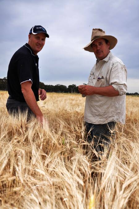 Victorian farmer Bernie Delahunty (right) with Bayer area manager Dean Johns.