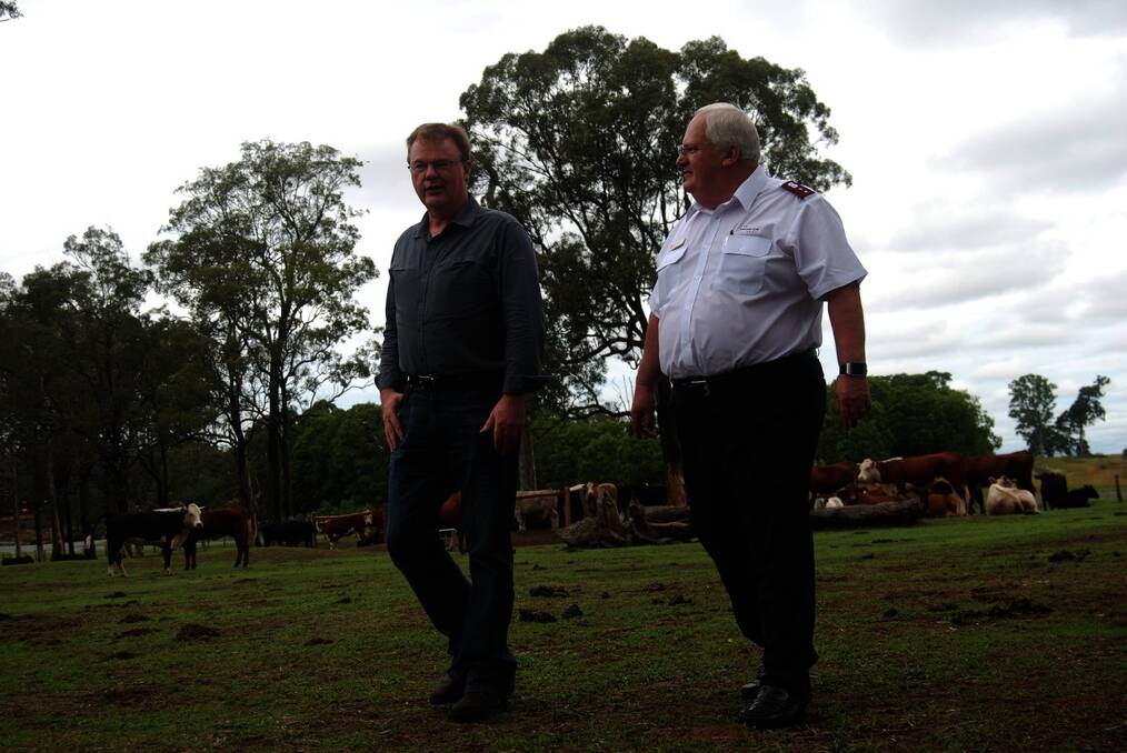 Anthony Harris and Captain David Cook discussing beef property visits for Northern Co-operative Meat Company.