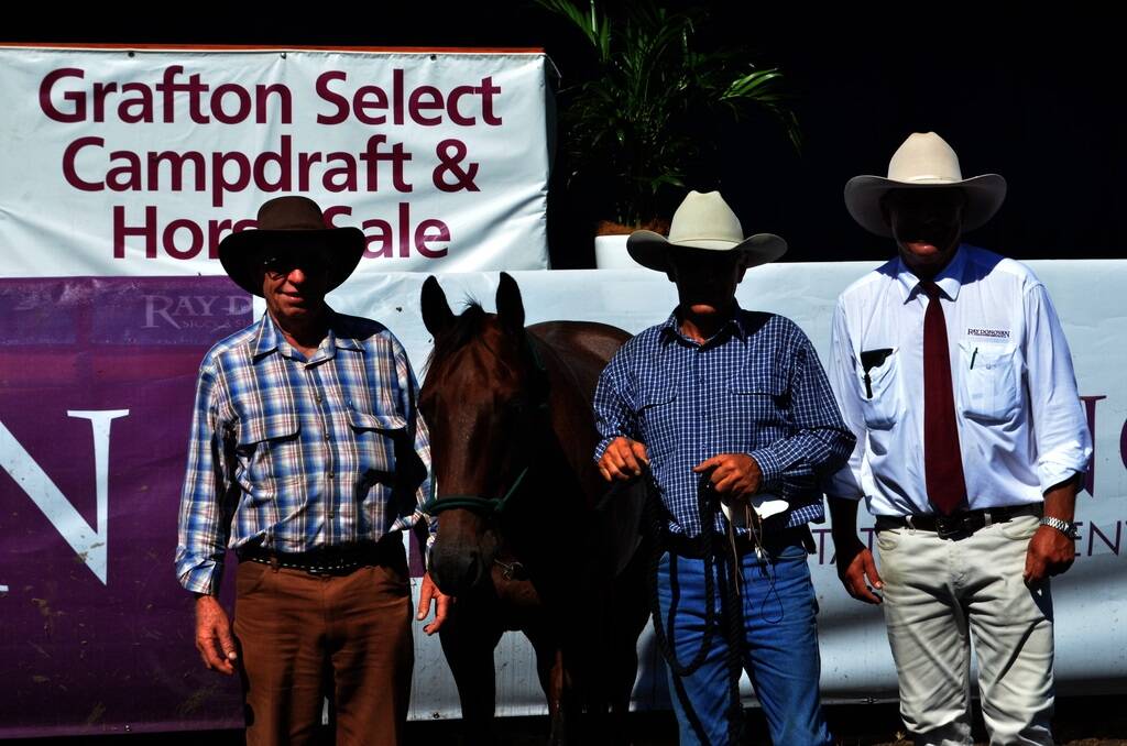 Purchaser, Keith Williamson, Lower Tenthill, Queensland; vendor, Alan Sinclair, Bucca, and agent Ray Donovan, Grafton, with the $11,000 top-priced gelding, Roanies Raffa.