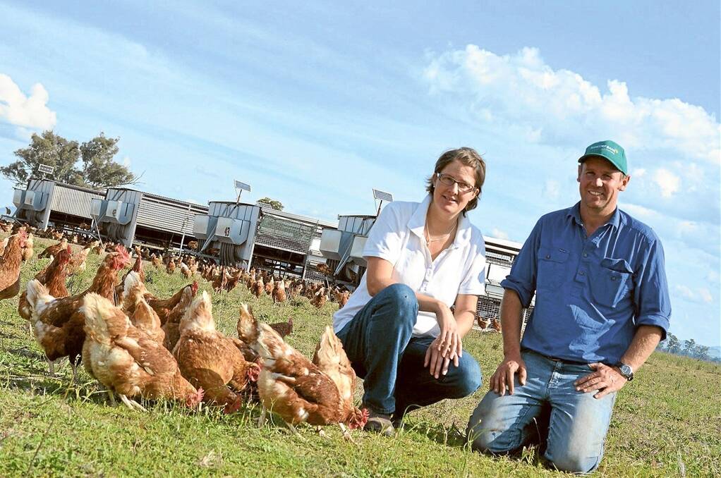 Prue and Sam Pincott, Holbrook Paddock Eggs, Holbrook, with their happy hens.