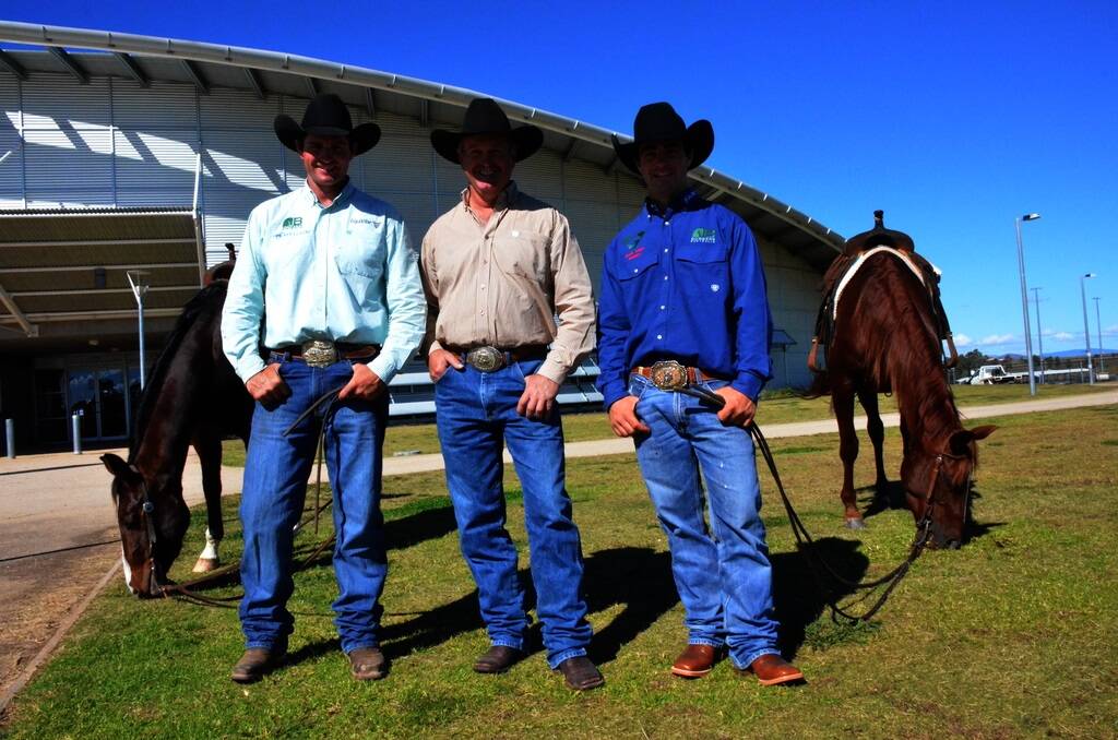 Cutting competitor Dean Holden, Nundle, with horse Bad Hattie; National Cutting Horse Association president Peter Shumack, and competitor Hugh Miles, Woolomin, with Chic Acres.
